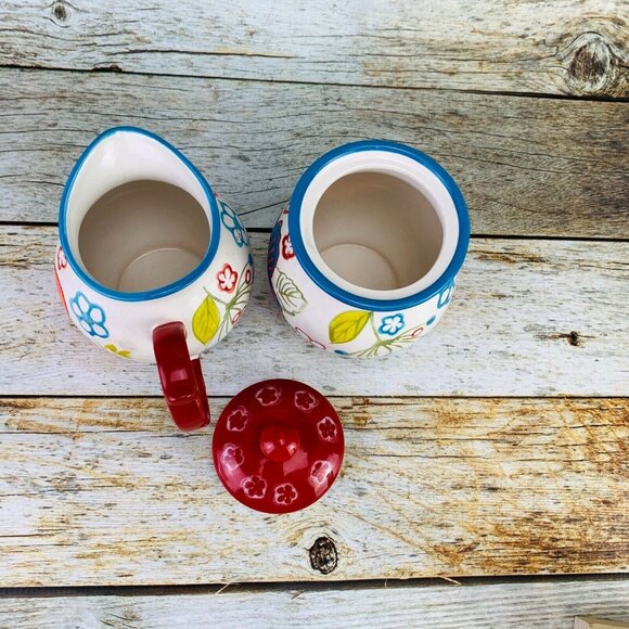 Dutch Wax Coastline Imports Hand Painted Bright Floral Lid Sugar & Creamer Set - Picture 5 of 9